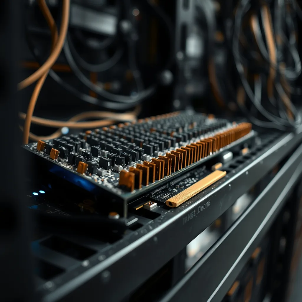 Carte GPU de serveur en gros plan, puces mémoire et dissipateurs cuivre couverts de poussière, une soudure fissurée sous une lumière bleue froide.