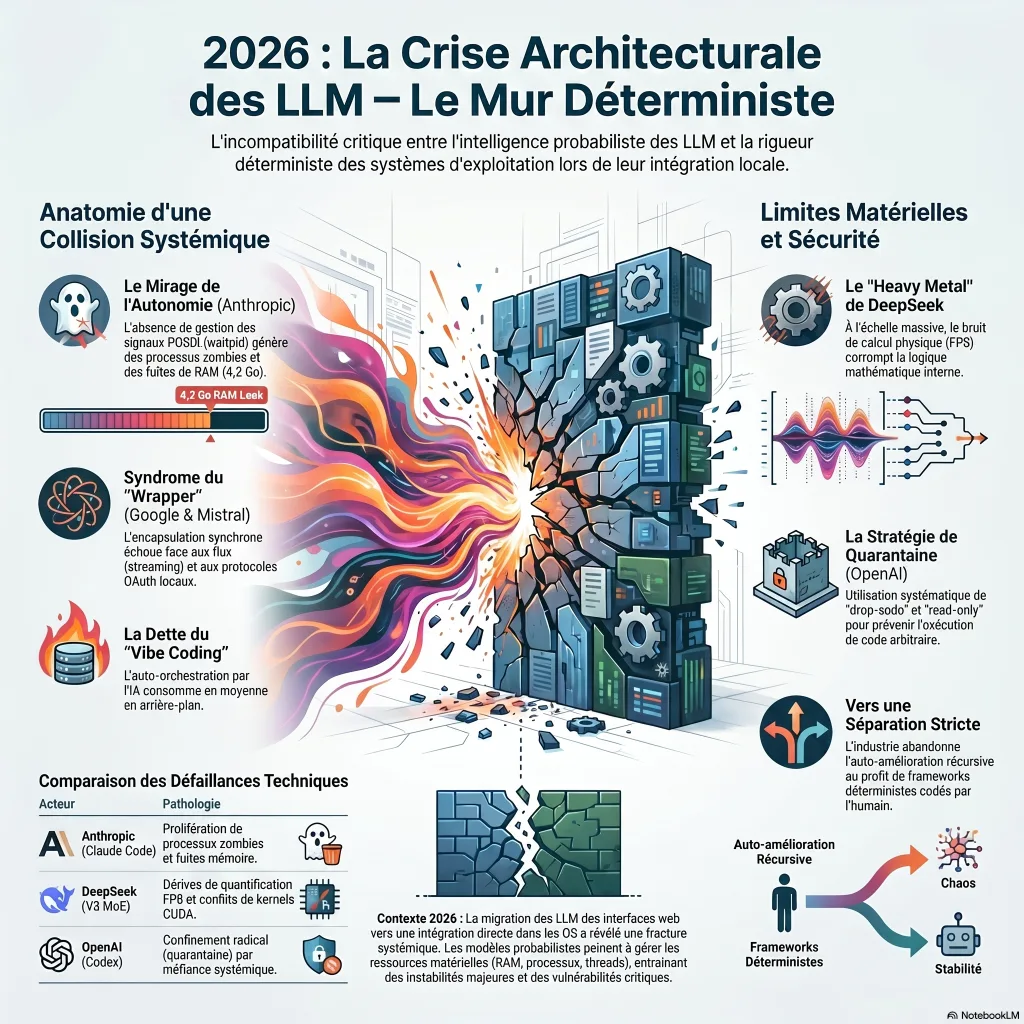 Infographie des trois typologies d'effondrement des LLM en 2026 : autonomie débridée, encapsulation immature, limites matérielles.