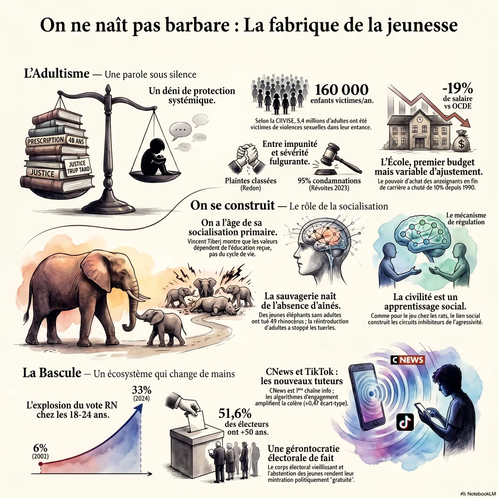 Infographie : de l'adultisme institutionnel à la bascule à droite de la jeunesse, chiffres clés (160 000 enfants victimes par an, vote RN 6 % puis 33 % chez les 18-24 ans, 51,6 % d'électeurs de plus de 50 ans)