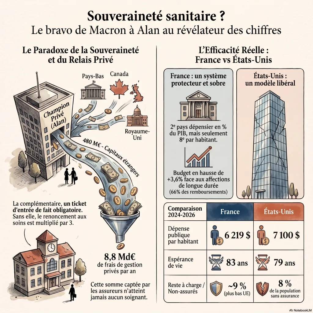 Infographie : Alan lève 480 M€ (valorisation 5,5 Md€, tour mené par Prosus) ; sans complémentaire, le renoncement aux soins triple ; la France est 2e d'Europe en part de PIB mais 8e par habitant, avec le reste à charge le plus bas de l'UE ; aux États-Unis, la dépense publique par habitant dépasse celle de la France pour une espérance de vie inférieure de quatre ans ; besoins en hausse face à un budget contraint.