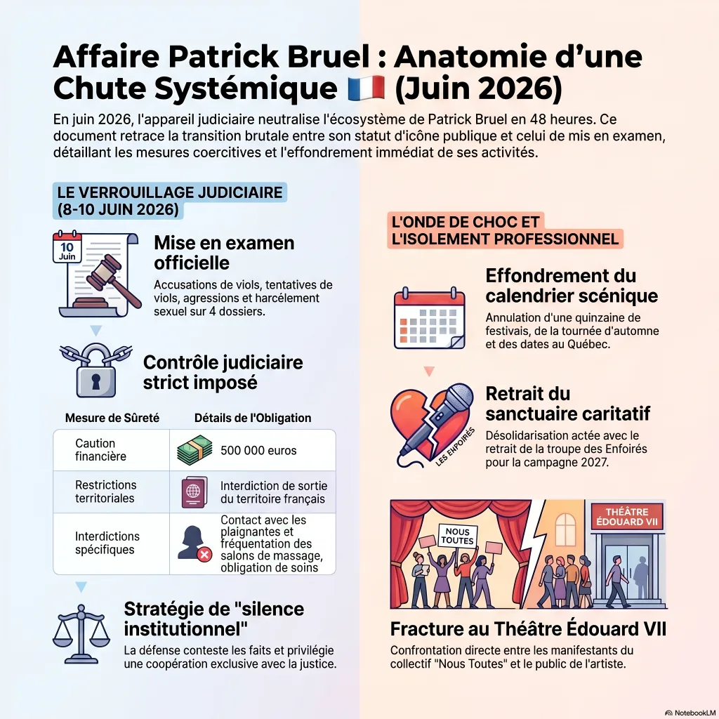 Infographie synthétisant la chronologie judiciaire et les impacts économiques de l'affaire Patrick Bruel en juin 2026
