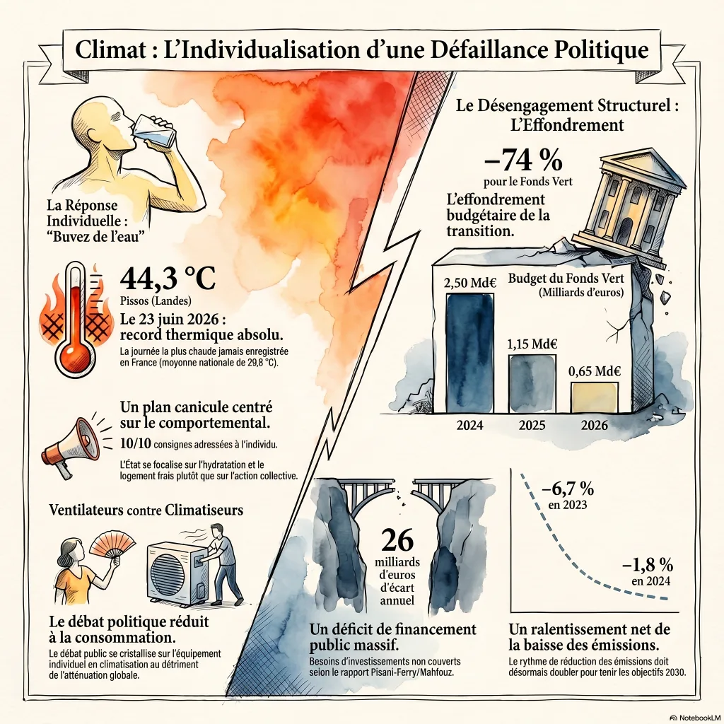 Infographie comparant la réponse individuelle à la canicule (gestes, climatisation) au désengagement budgétaire : Fonds vert de 2,5 à 0,65 milliard d'euros entre 2024 et 2026, émissions en baisse de 1,8 % en 2024 contre 6,7 % en 2023, 26 milliards d'euros d'écart de financement public.