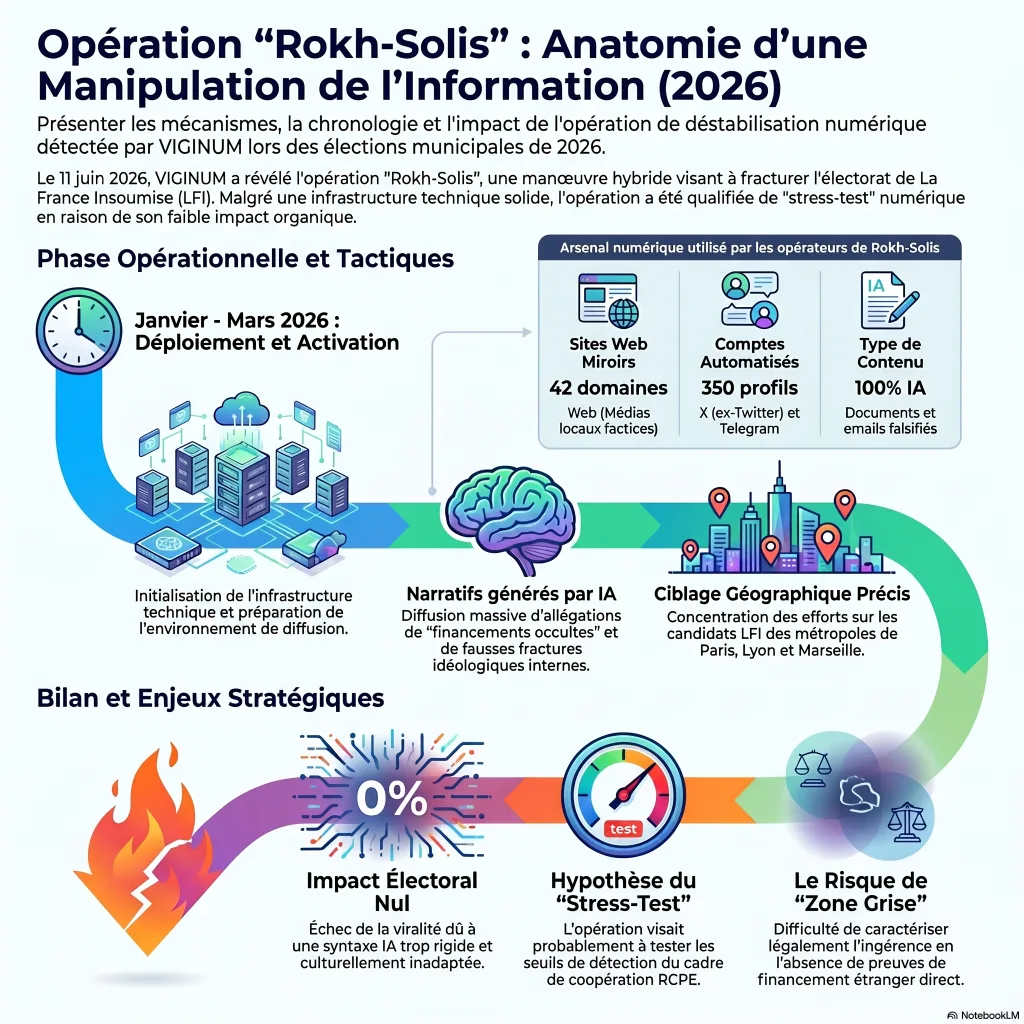 Infographie de l'architecture de l'opération Rokh-Solis : 42 sites miroirs et 350 comptes automatisés ciblant LFI.