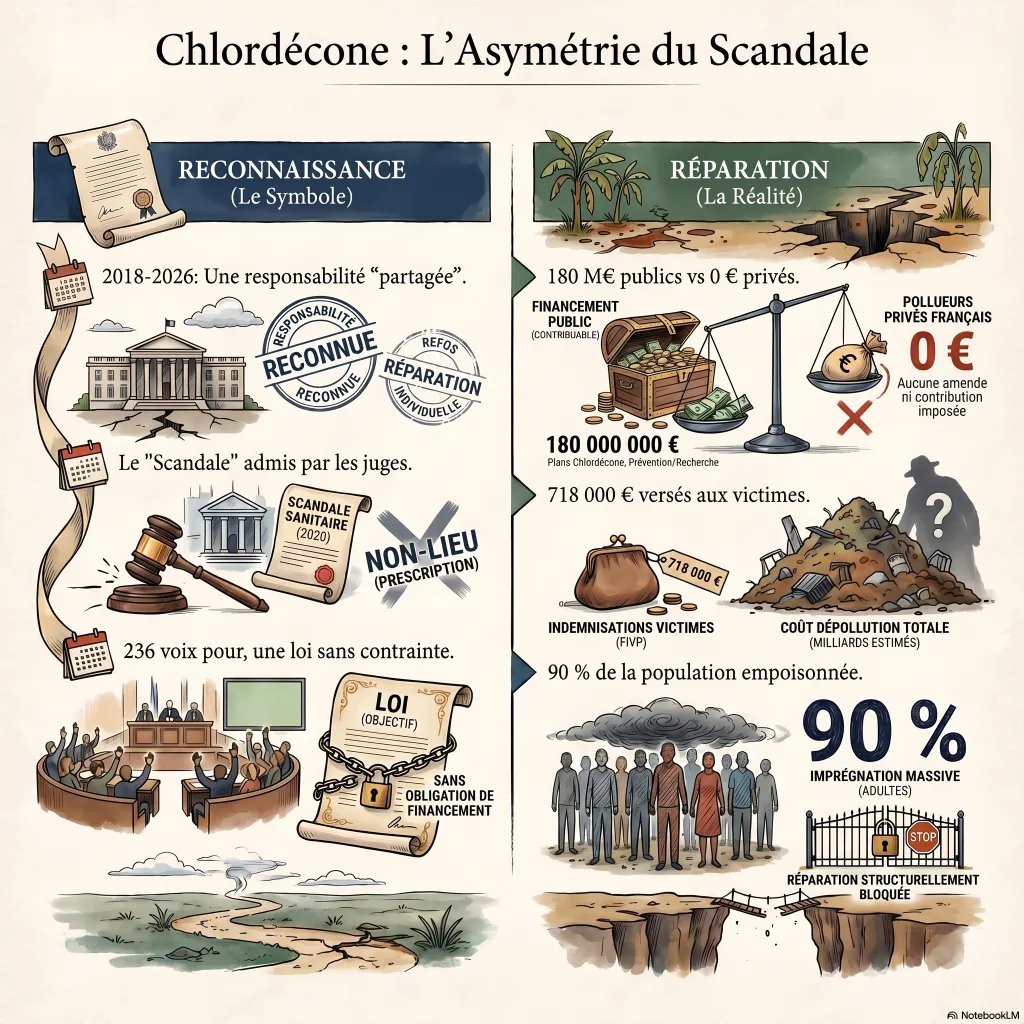 Infographie opposant les paliers de reconnaissance de l'État à la réparation marginale dans le dossier chlordécone aux Antilles.