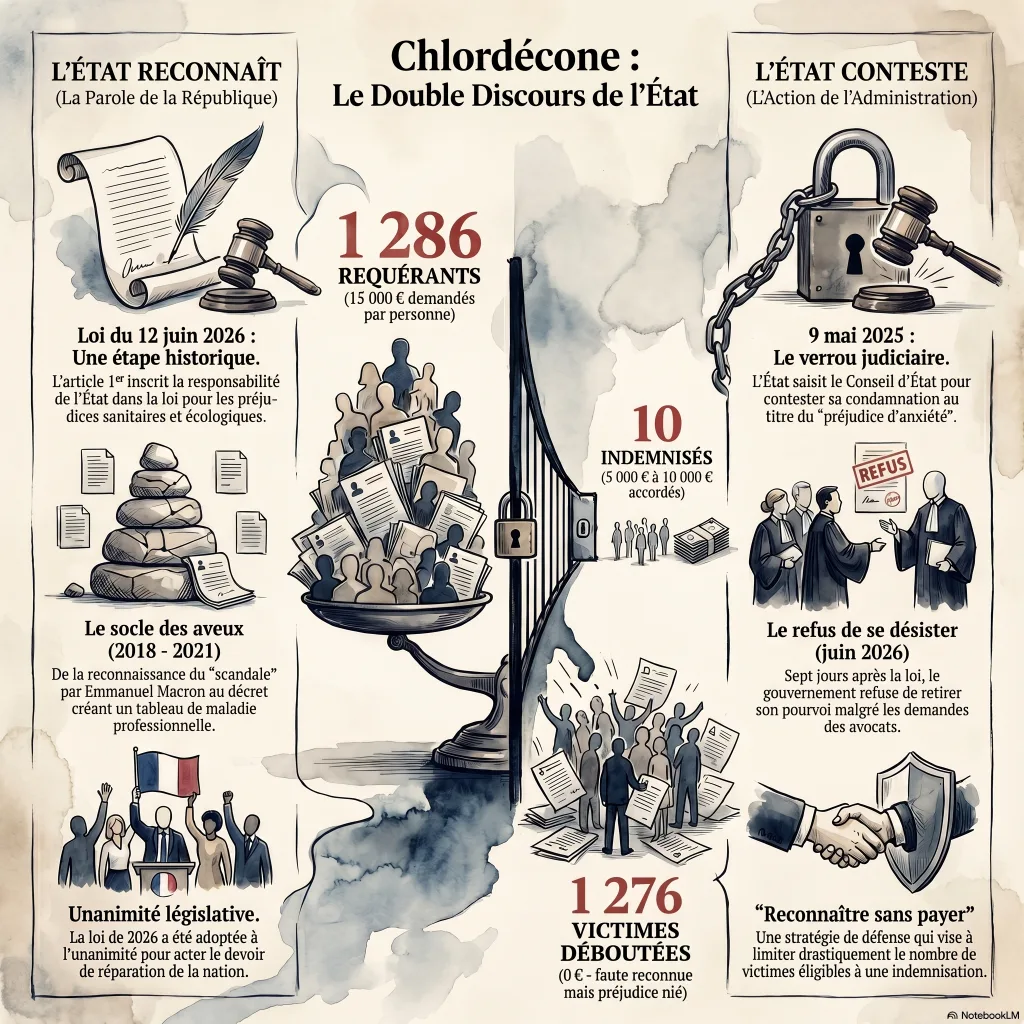 Infographie : deux colonnes opposées, « L'État reconnaît » (loi 2026, décret 2021) et « L'État conteste » (pourvoi 2025), au centre l'écart entre 1 286 requérants et 10 indemnisés.