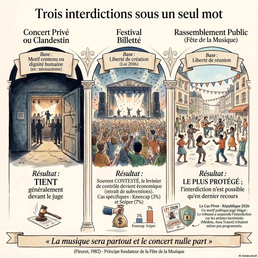 Infographie : trois interdictions sous un seul mot. Concert privé ou clandestin (motif contenu et dignité, tient devant le juge) ; festival billetté (liberté de création, contesté, levier du retrait de subvention) ; rassemblement public de la Fête de la Musique (liberté de réunion, le plus protégé).