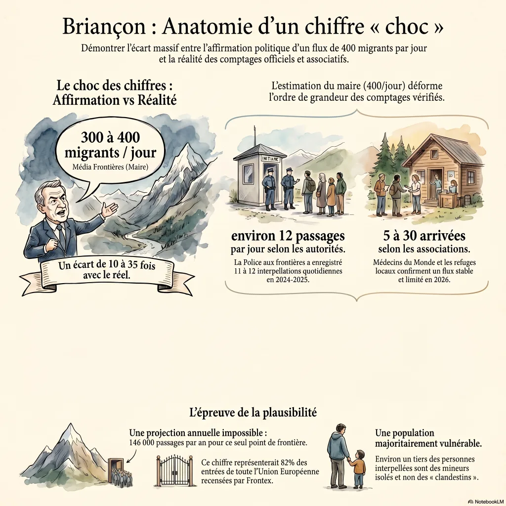 Infographie comparant le chiffre de Frontières (300 à 400 par jour) aux comptages officiels (environ 12 par jour) et associatifs (5 à 30 par jour).