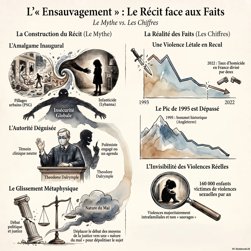 Infographie : le récit de l'ensauvagement face aux faits — criminalité en baisse au Royaume-Uni et en France, violences sexuelles sur enfants majoritairement intrafamiliales.