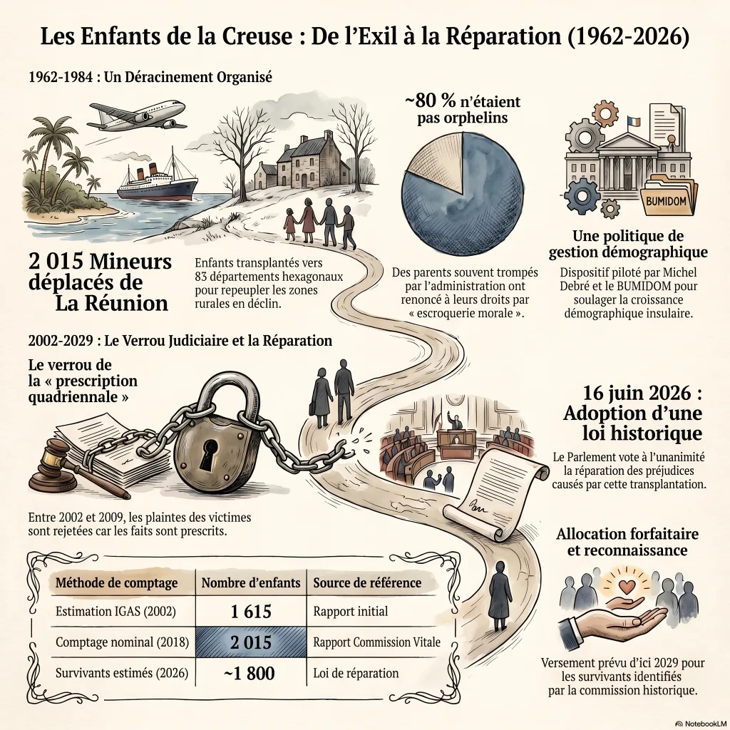 Infographie : chronologie des enfants de la Creuse, de la transplantation (1962-1984) à la loi de réparation de 2026 ; 2 015 mineurs, 83 départements, prescription quadriennale, allocation forfaitaire renvoyée à décret.