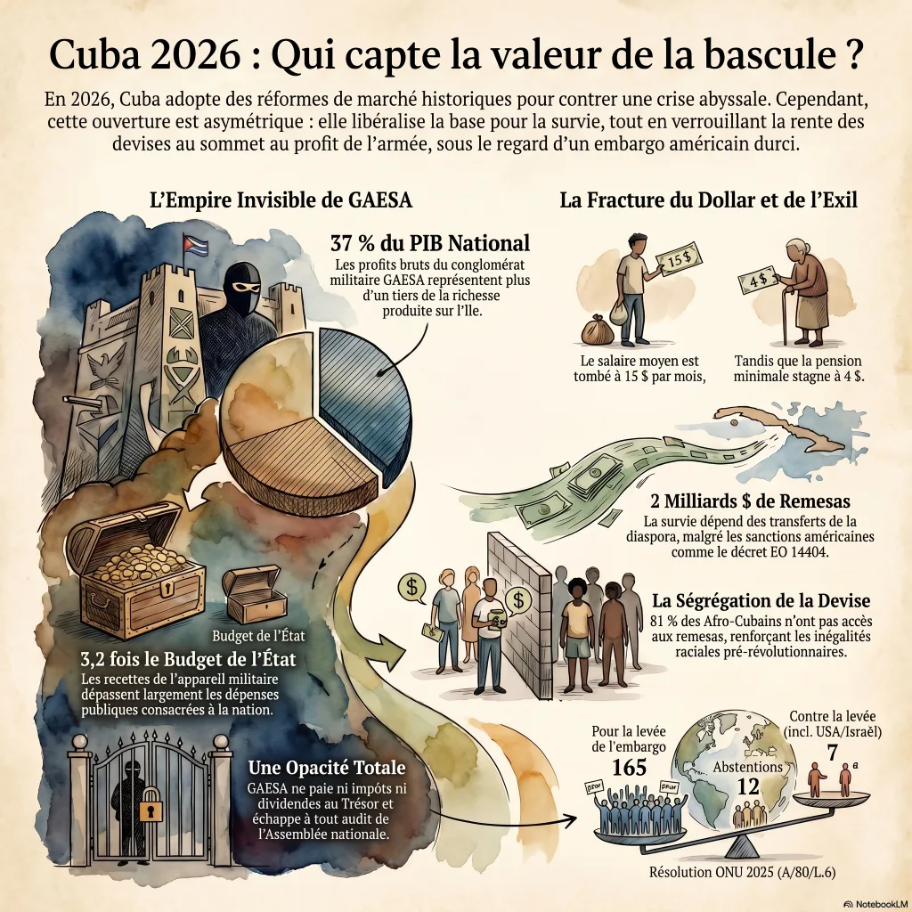 Infographie : qui capte la valeur de la bascule cubaine — GAESA, remesas, fracture peso/dollar, embargo et vote de l'ONU.