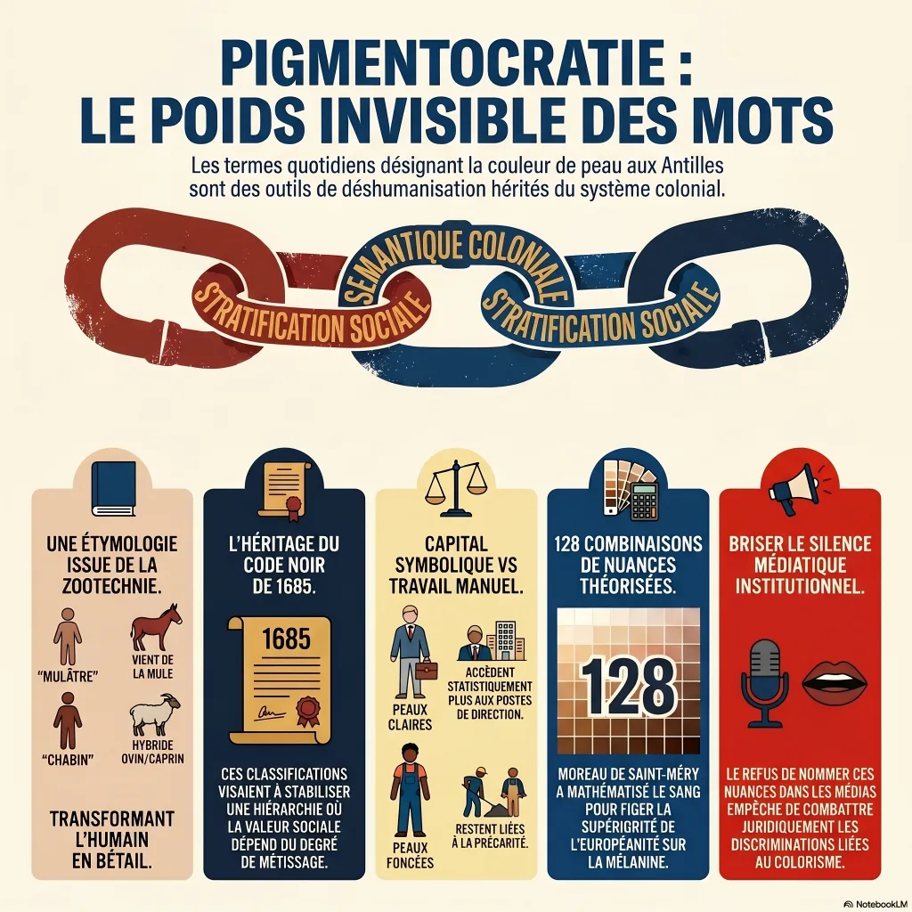 Infographie sur la pigmentocratie antillaise : étymologie zootechnique des termes, hiérarchie des teintes et silence médiatique.