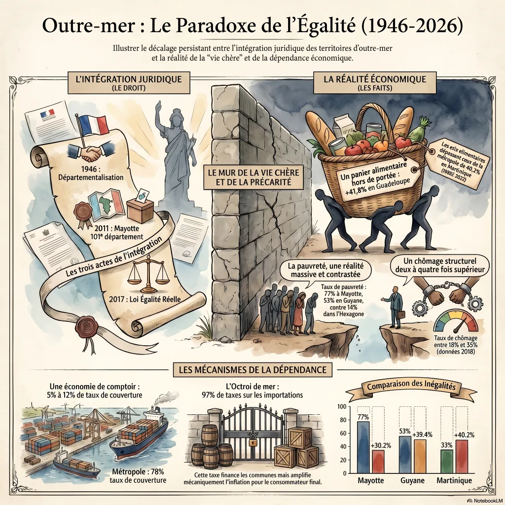Infographie : le paradoxe de l'égalité outre-mer — l'intégration juridique (1946, 2011, 2017) face à la vie chère (+41,8 % sur les prix alimentaires en Guadeloupe), à la pauvreté (77 % à Mayotte, 53 % en Guyane, 33 % en Martinique) et à la dépendance aux importations (taux de couverture de 5 à 12 %, octroi de mer prélevé à 97 % sur les imports).