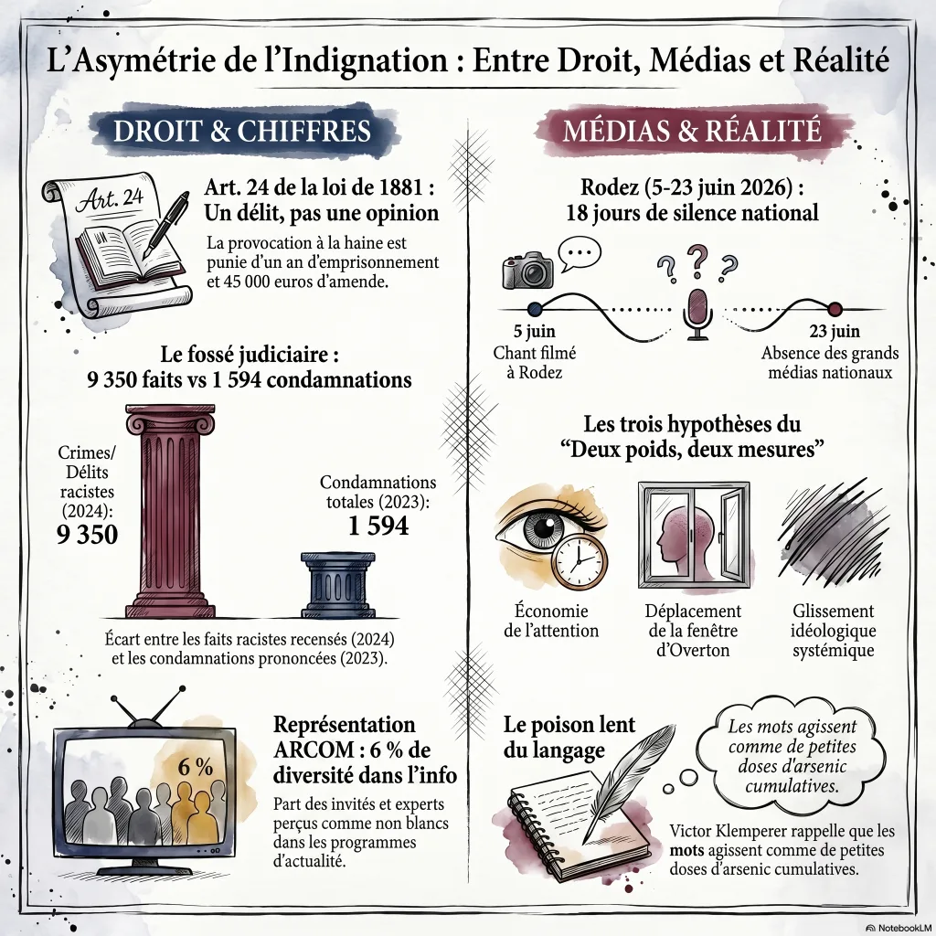 Infographie de l'asymétrie de l'indignation : article 24 de la loi de 1881 (un an de prison, 45 000 euros), 9 350 faits racistes en 2024 contre 1 594 condamnations en 2023, 6 % de diversité ARCOM dans l'information, les trois hypothèses et la chronologie de Rodez.