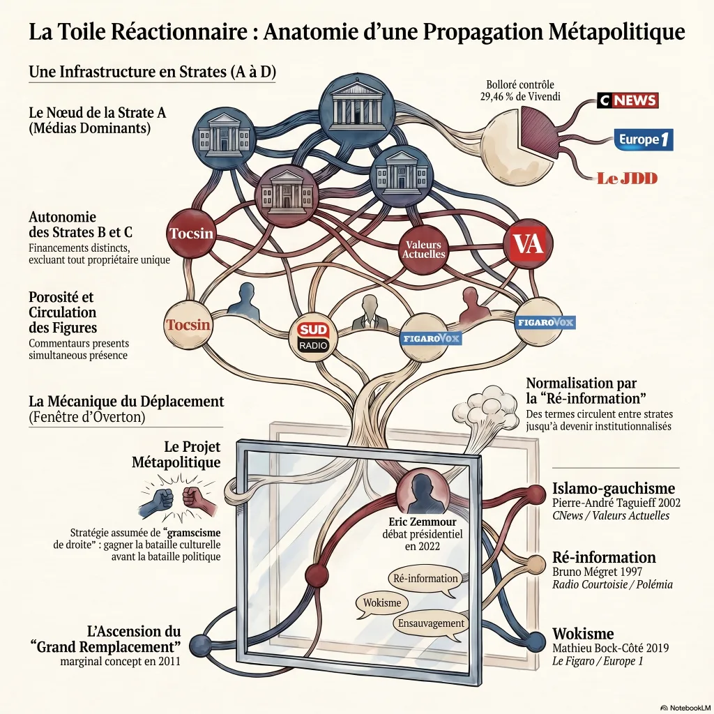 Infographie en arbre : le nœud capitalistique Bolloré au sommet (CNews, Europe 1, JDD), l'autonomie des strates militantes, la circulation des signifiants et la mécanique de la fenêtre d'Overton — une toile de diffusion sans centre.