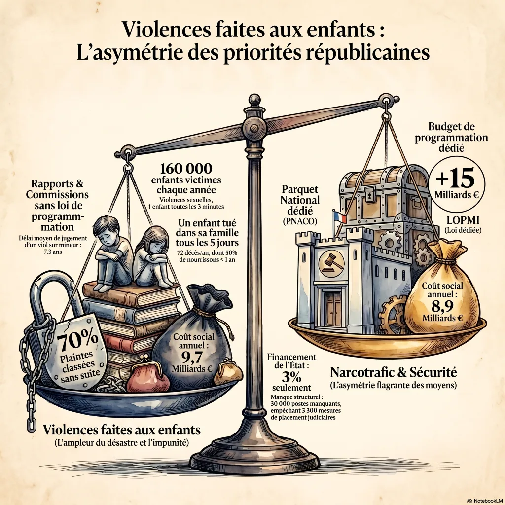 Infographie comparant les moyens de l'État consacrés au narcotrafic et à la sécurité (loi, parquet dédié, budgets) à ceux de la protection de l'enfance.