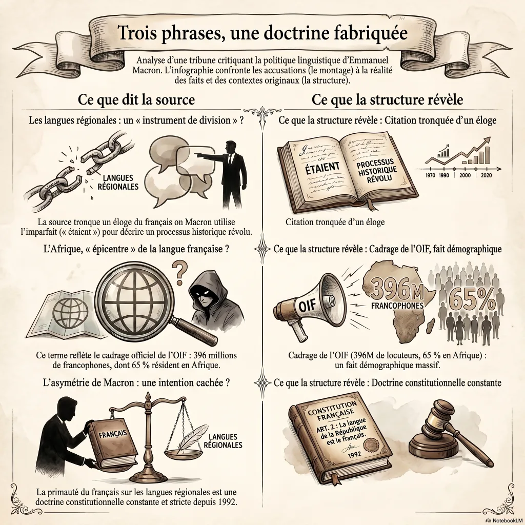 Tableau en deux colonnes — « Ce que dit la source » face à « Ce que la structure révèle » : citation tronquée d'un éloge, cadrage de l'OIF, doctrine constitutionnelle constante depuis 1992.