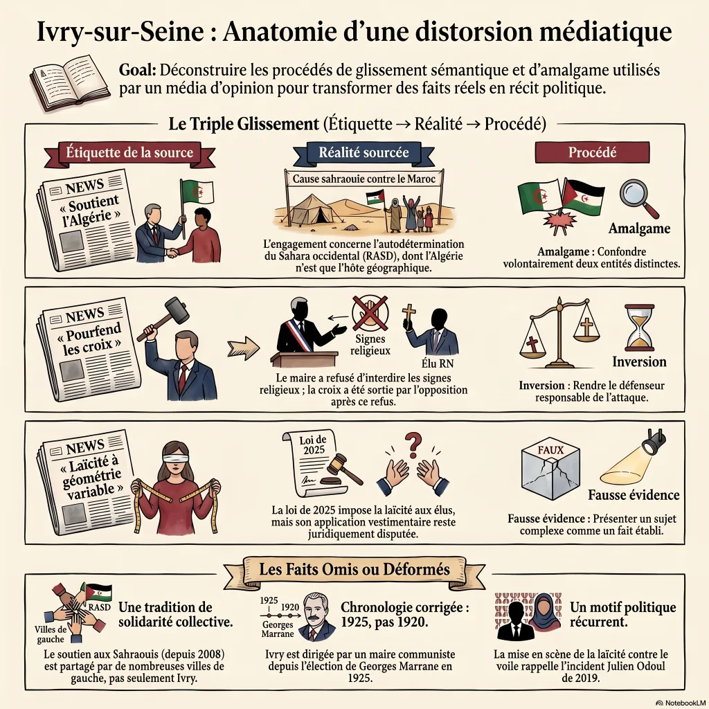 Infographie en français : trois lignes comparant les étiquettes de l'article (« soutient l'Algérie », « pourfend les croix », « laïcité à géométrie variable ») à la réalité sourcée et au procédé de cadrage (amalgame, inversion, fausse évidence).