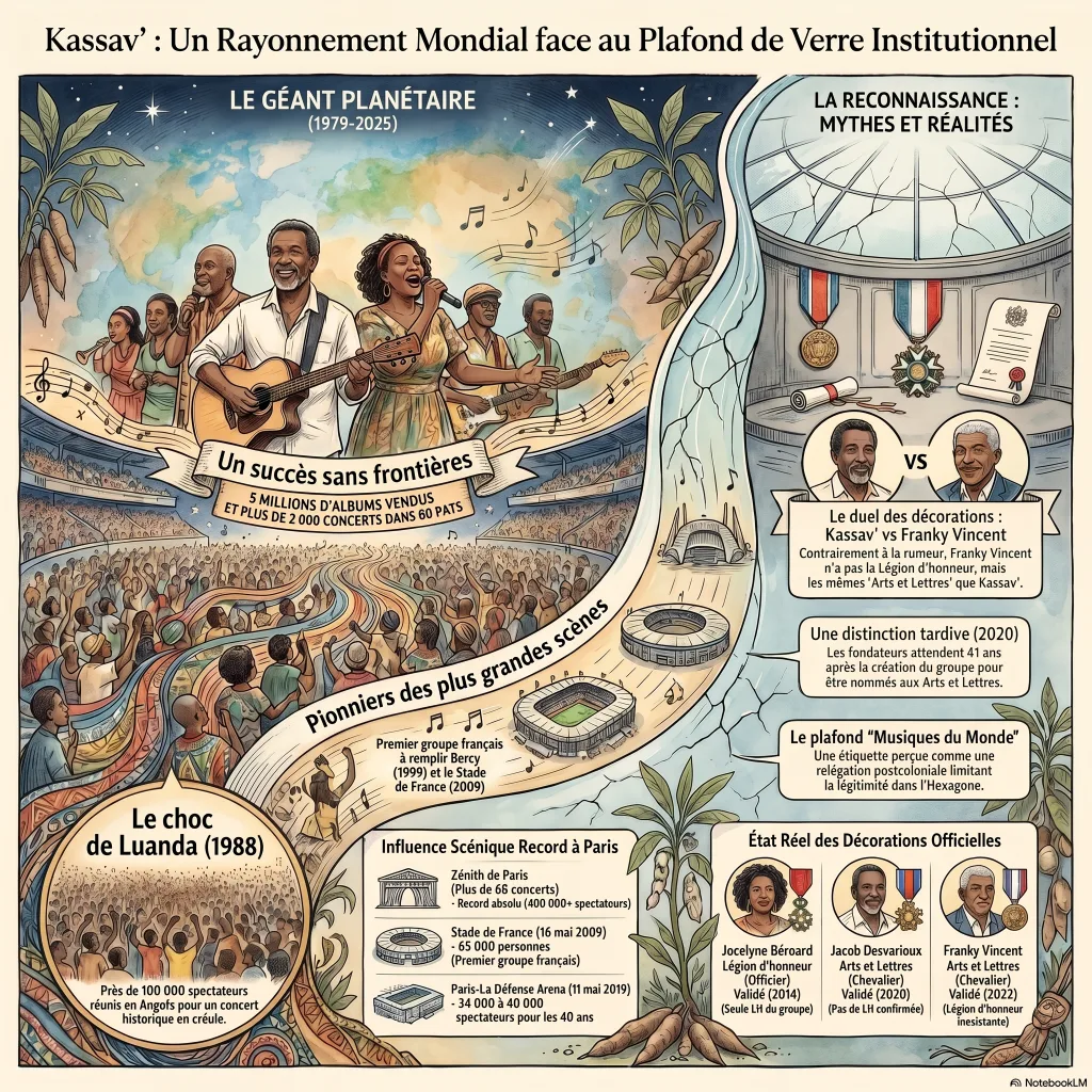 Infographie éditoriale : le contraste entre le rayonnement mondial de Kassav' et sa reconnaissance institutionnelle tardive et latérale en France.