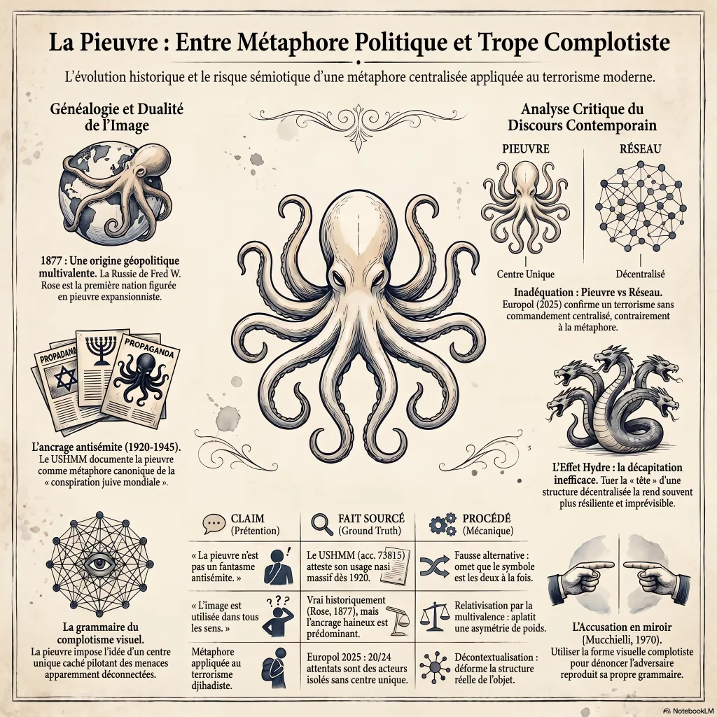 Infographie : généalogie du trope de la pieuvre (multivalent vs ancrage antisémite) et grille affirmation, fait sourcé, procédé de cadrage.