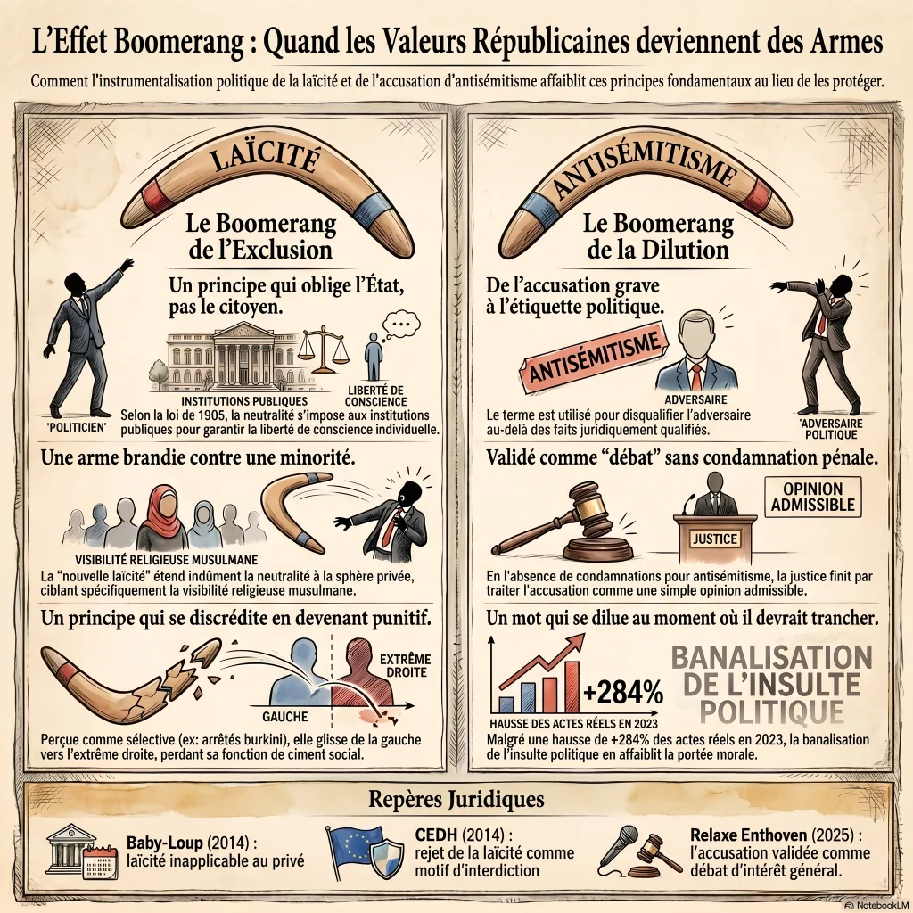 Infographie : deux colonnes Laïcité et Antisémitisme illustrant deux effets boomerang — l'exclusion et la dilution — avec repères juridiques (Baby-Loup 2014, CEDH 2014, relaxe Enthoven 2025).
