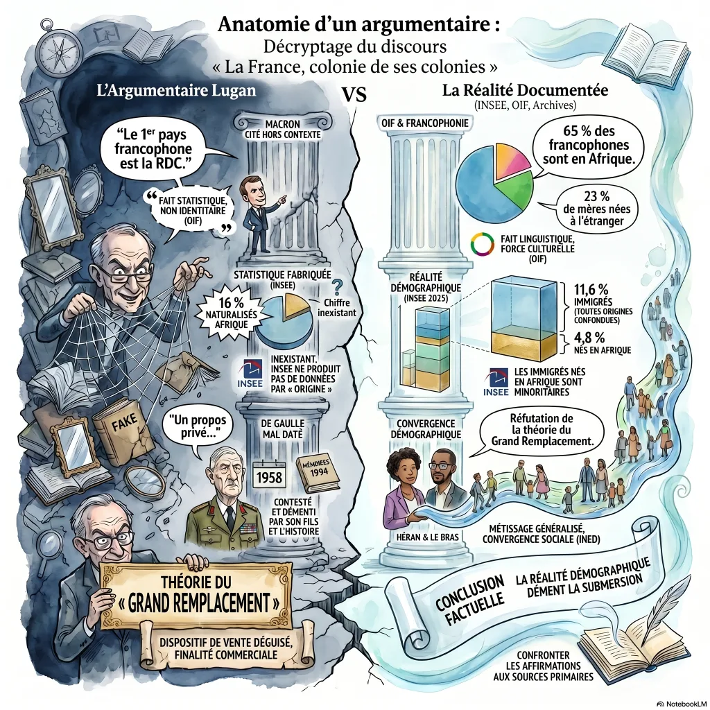 Infographie comparant point par point l'argumentaire de Bernard Lugan et les données documentées (INSEE, OIF, INED) : citation de Macron recadrée, chiffre « 16 % » inexistant, citation de De Gaulle contestée, réfutation du « grand remplacement ».