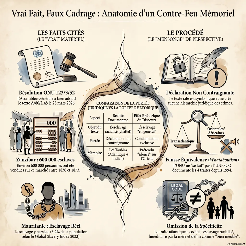 Infographie comparant les faits réels cités par la source (résolution ONU, traites orientales, esclavage en Mauritanie) et les procédés de cadrage : déclaration non contraignante, fausse équivalence, faux dilemme, omission de la spécificité racialisée et héréditaire de la traite atlantique.