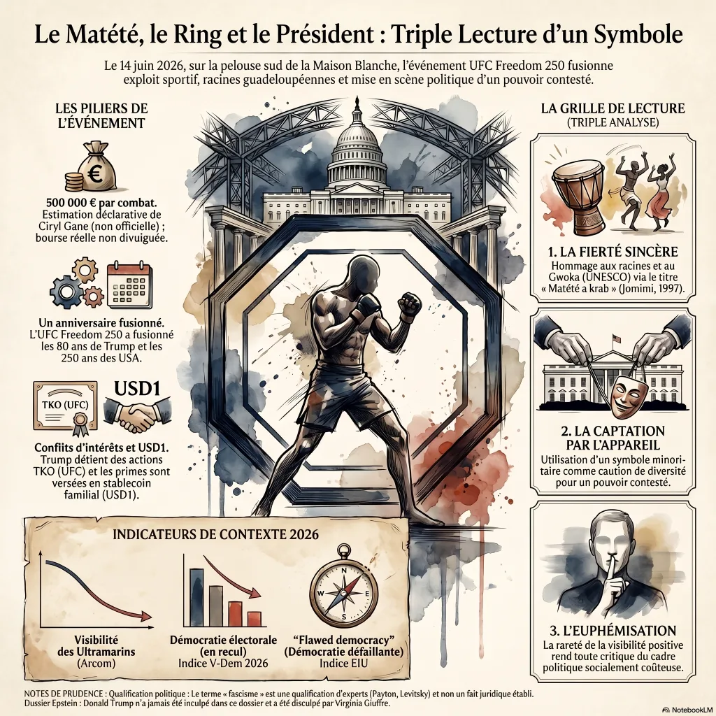 Infographie « Le Matété, le Ring et le Président » : faits, chiffres étiquetés et triple lecture (fierté sincère, captation par l'appareil, euphémisation) de l'événement UFC Freedom 250 à la Maison Blanche.