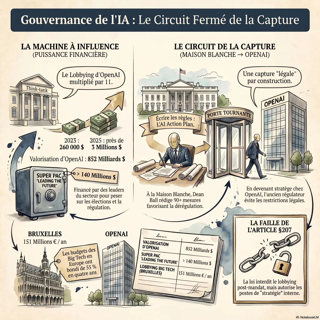 Infographie : le circuit fermé de la capture de la gouvernance de l'IA — machine à influence (lobbying OpenAI multiplié par 11, super PAC Leading the Future plus de 140 millions de dollars, valorisation 852 milliards), circuit think-tank vers Maison Blanche vers OpenAI via la porte tournante, faille de l'article 207, lobbying Big Tech à Bruxelles 151 millions d'euros par an.