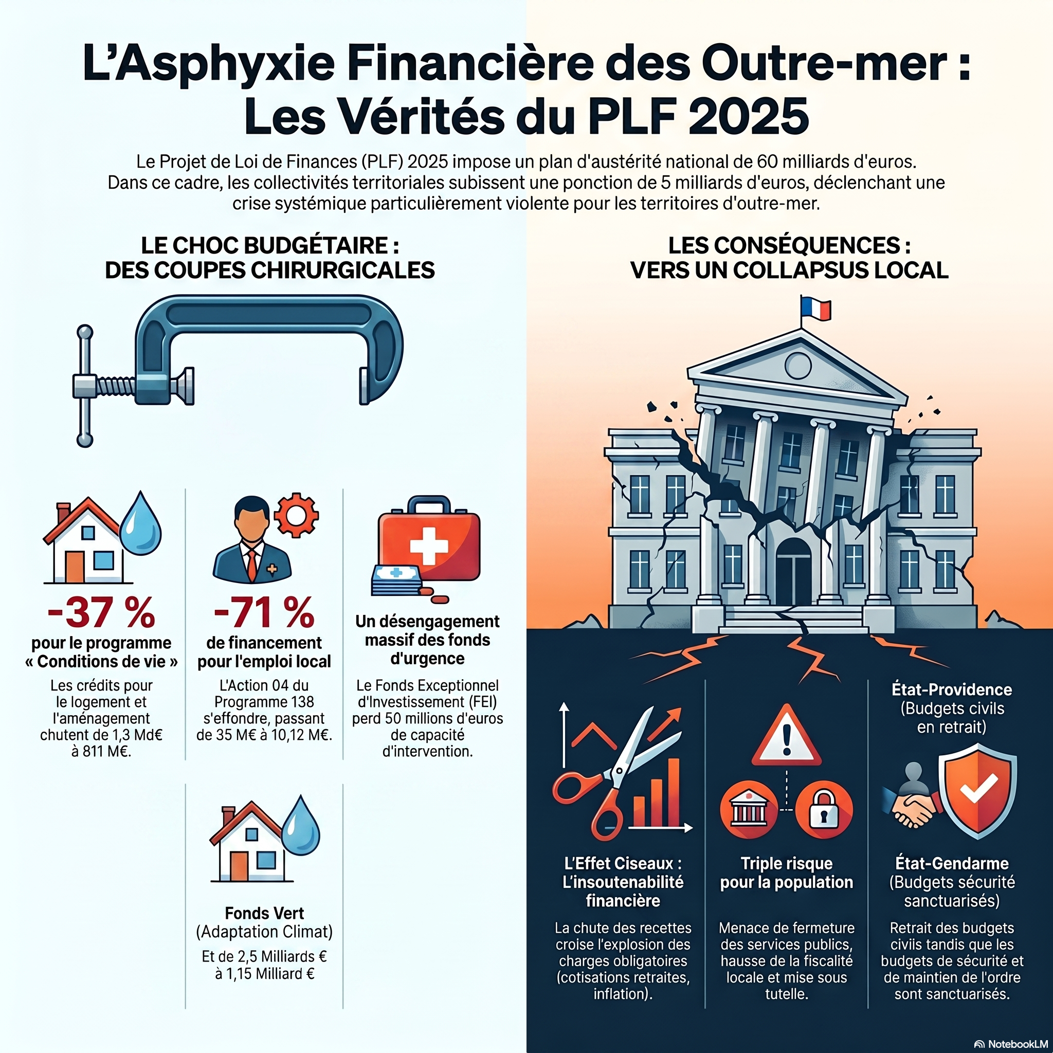 Infographie des coupes budgétaires du PLF 2025 sur la mission Outre-mer : Programme 123 à -37 %, emploi à -71,15 %, FEI et Fonds Vert réduits.