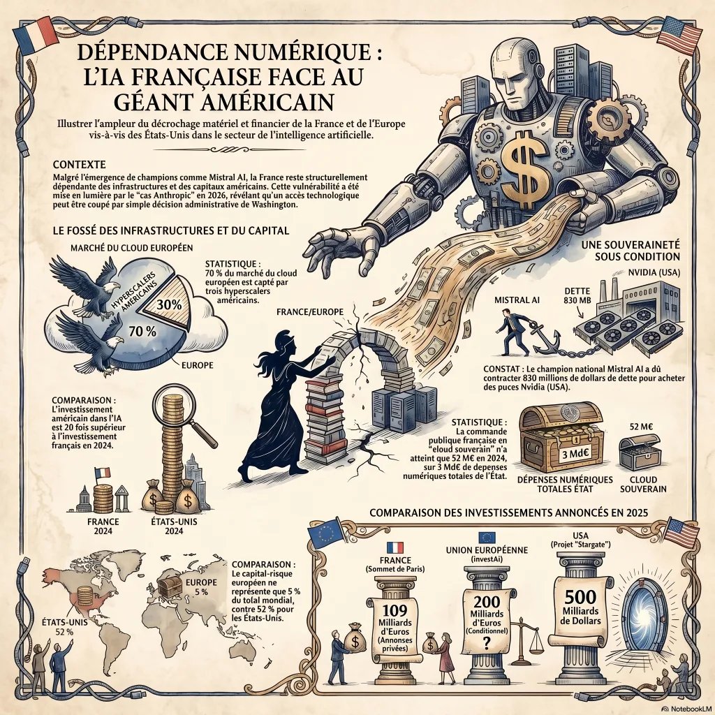Infographie : la dépendance de la France à l'IA américaine en chiffres — 70 % du cloud européen capté par les hyperscalers américains, investissement IA américain vingt fois supérieur, capital-risque européen à 5 % contre 52 %, 109 milliards d'euros annoncés contre 500 milliards de dollars.
