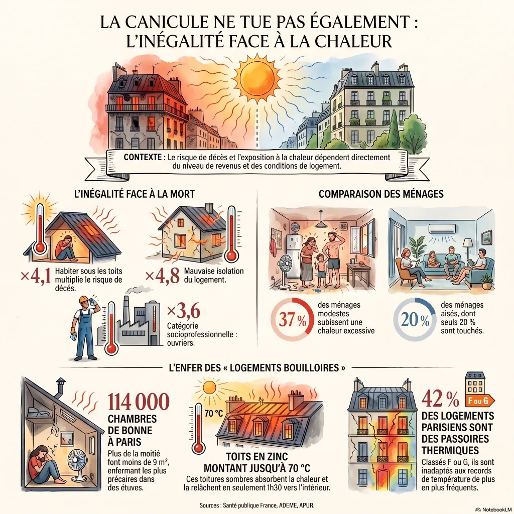 Infographie : la canicule ne tue pas également. Vivre sous les toits multiplie par 4,1 le risque de décès, une mauvaise isolation par 4,8, être ouvrier par 3,6 ; 37 % des ménages modestes subissent une chaleur excessive contre 20 % des plus aisés ; 114 000 chambres de bonne à Paris ; 42 % des logements parisiens sont des passoires thermiques.