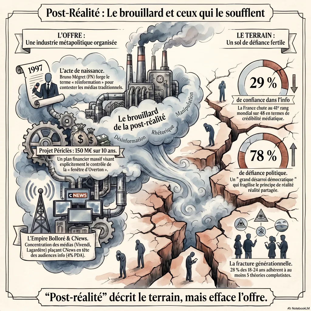 Infographie en deux colonnes — à gauche « L'offre » : 1997 acte de naissance du mot, projet Périclès (150 M€), empire Bolloré et CNews ; à droite « le terrain » : 29 % de confiance dans l'info, 78 % de défiance politique, 28 % des 18-24 ans adhérant à au moins cinq théories complotistes ; en bas, « post-réalité décrit le terrain, mais efface l'offre ».