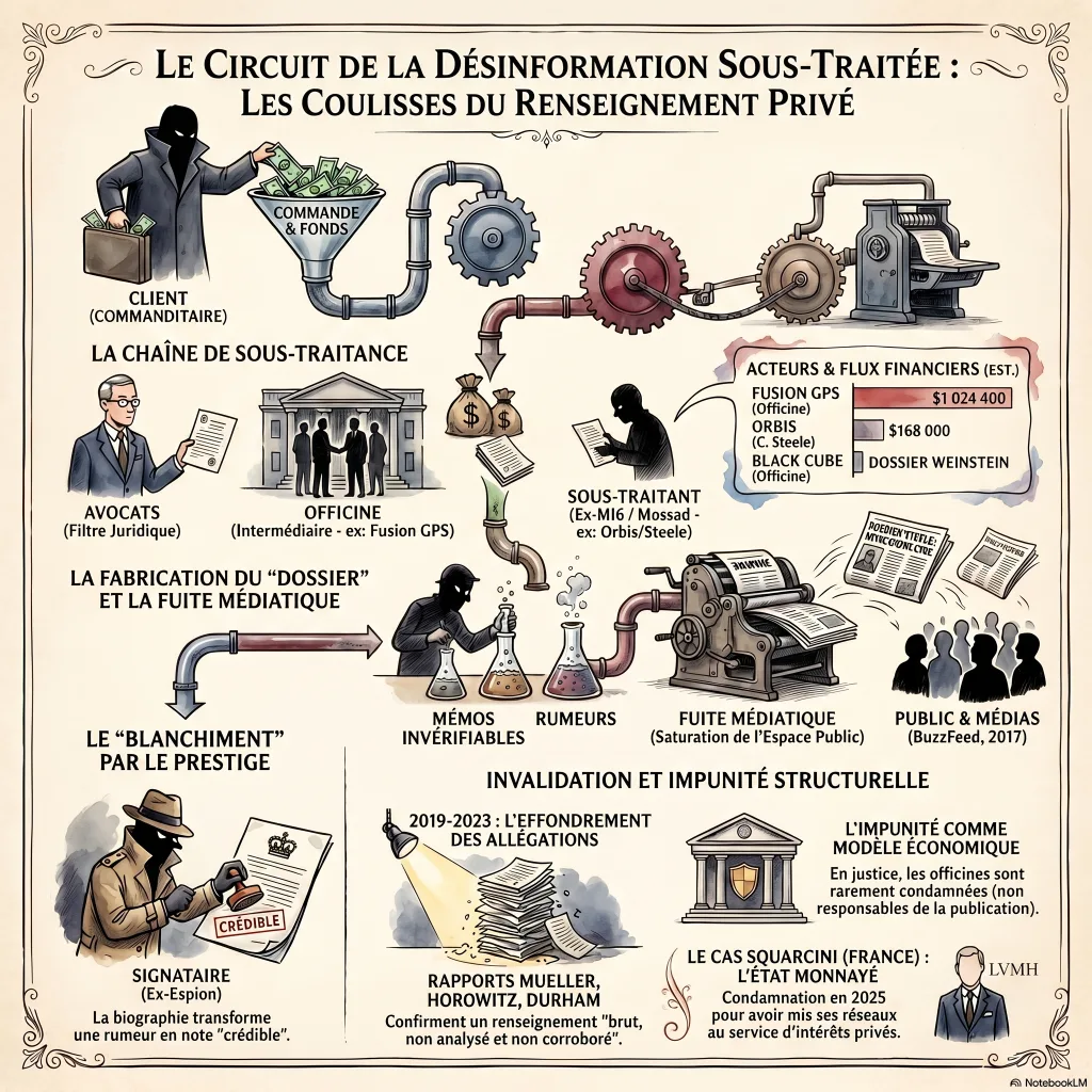 Schéma du circuit de la désinformation sous-traitée : du commanditaire à l'officine via un cabinet d'avocats, fabrication d'un dossier invérifiable, fuite médiatique puis invalidation judiciaire ; flux financiers et cas Steele et Squarcini.