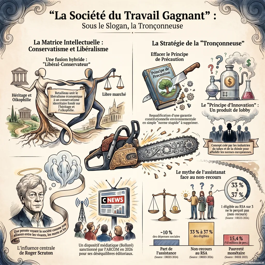 Infographie : sous le slogan « société du travail gagnant », la tronçonneuse ; le principe de précaution, le mythe de l'assistanat (10 % des dépenses sociales, non-recours au RSA de 33 à 37 %), la matrice conservatrice-libérale et le dispositif CNews.