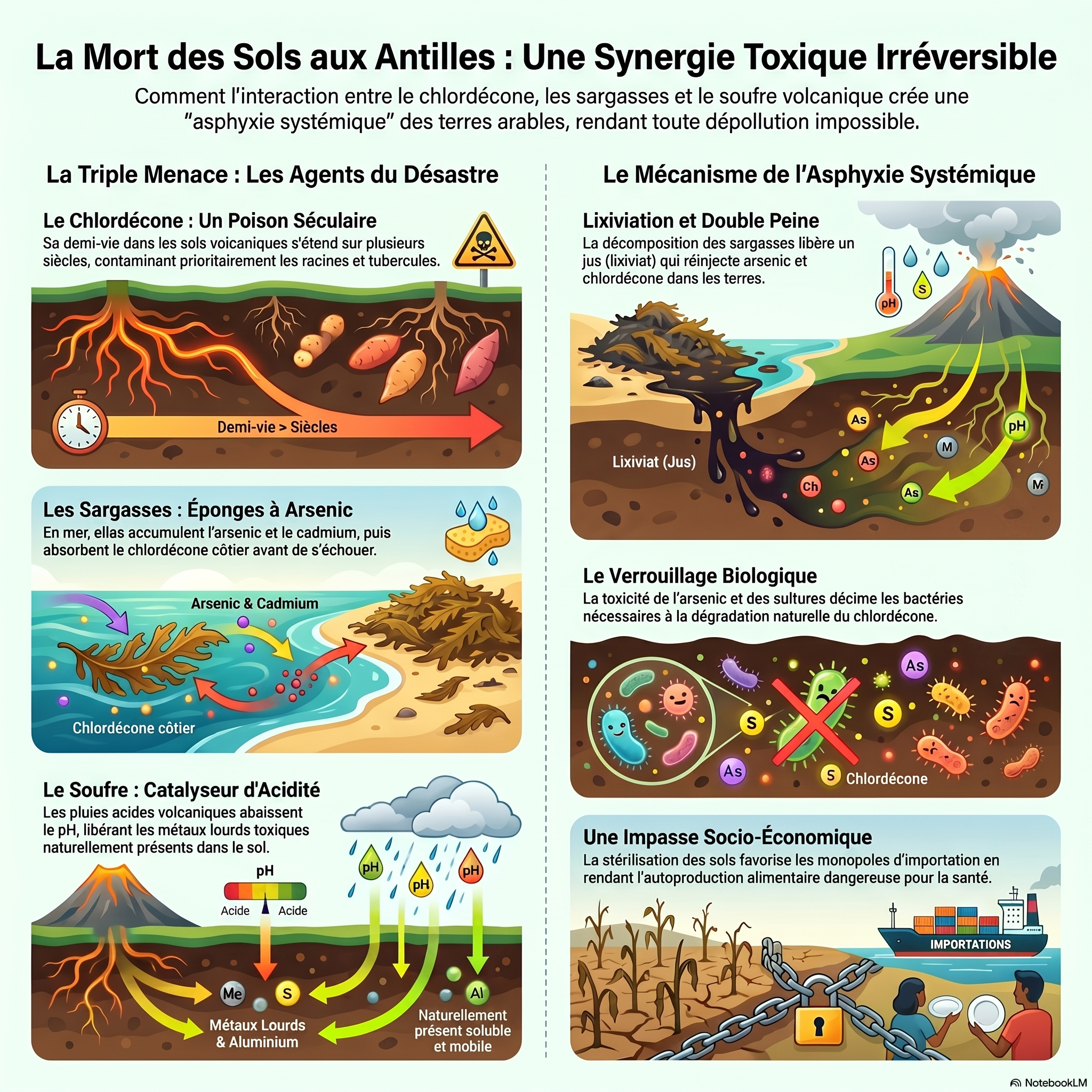 Schéma de la synergie toxique antillaise : pluies acides volcaniques abaissant le pH des sols, sargasses adsorbant le chlordécone côtier et relâchant arsenic et sulfures, aboutissant à la stérilisation du microbiome des terres arables.