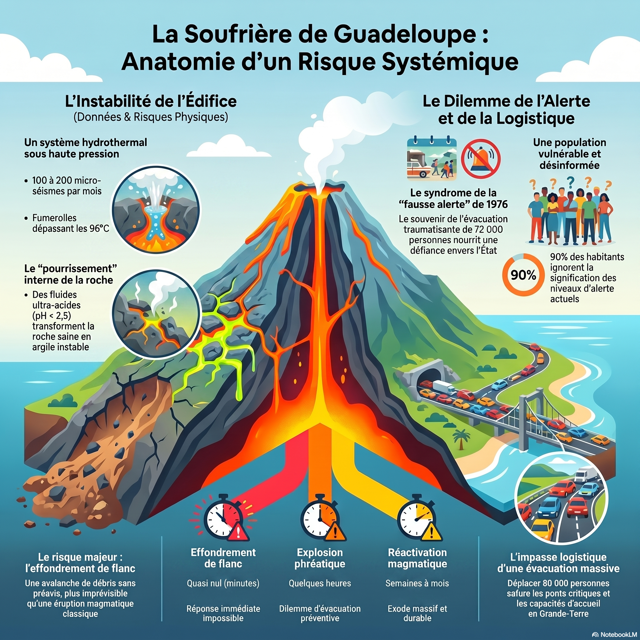 Infographie des trois scénarios de menace de la Soufrière : effondrement de flanc, crise phréatique soudaine et réactivation magmatique, avec délais de prévenance associés.